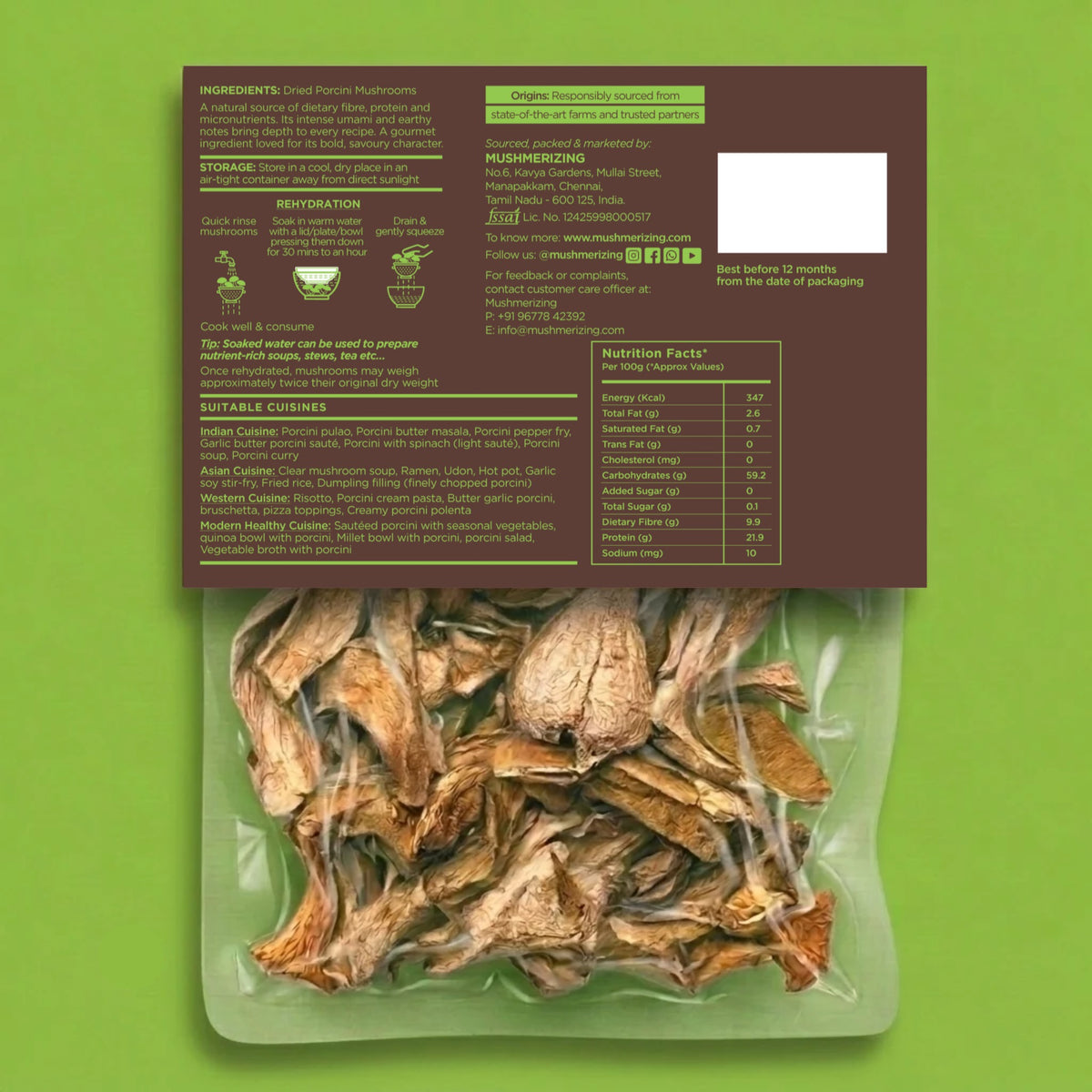 Dried porcini mushroom packaging and nutrition information